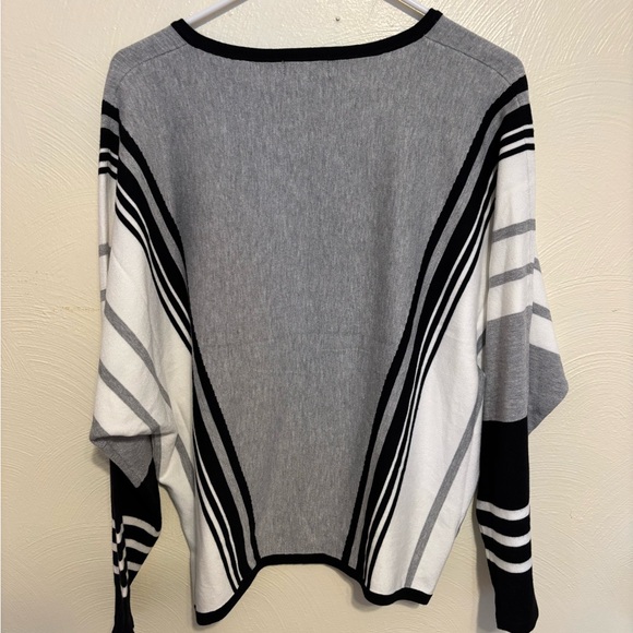 Tahari V-Neck Sweater with Geometric Stripes - Gray, Black, White - Picture 9 of 9